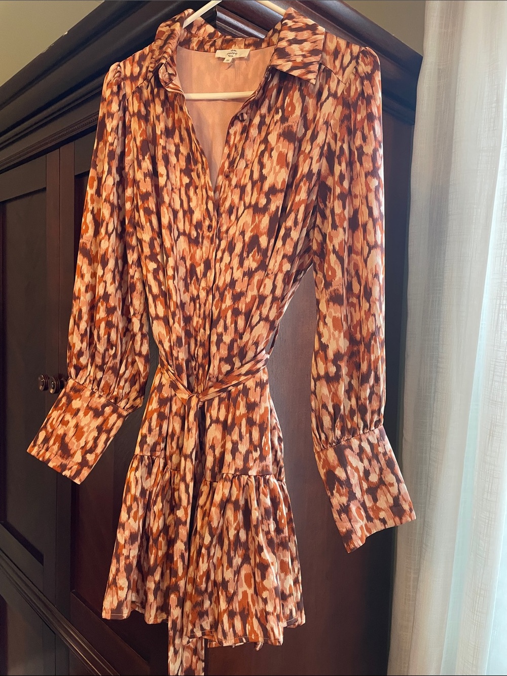 entro Rust Multi-Print Long Sleeve Tie-Waist Shirt Dress